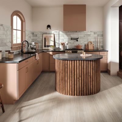 stone backsplash tiles in a kitchen